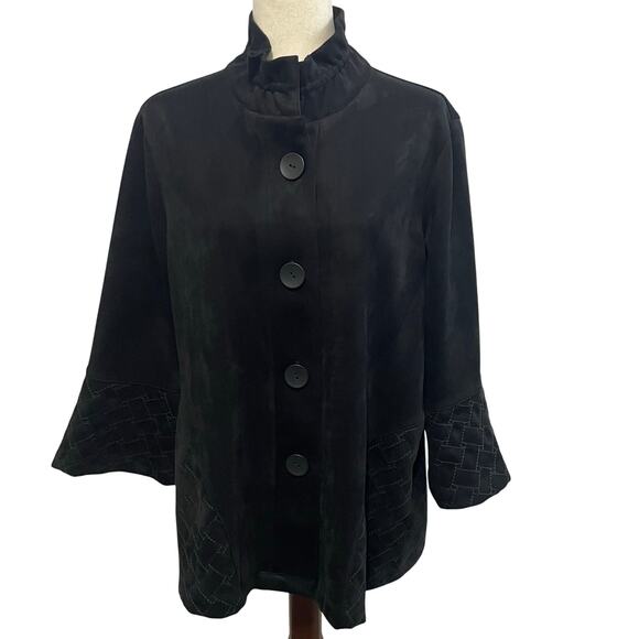 Ali Miles Women’s Black Button-Front Faux Suede Leather Quilted Trim Jacket sz M - Picture 1 of 13